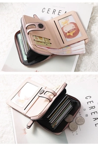 Detail of pink PU leather wallet with multi-card slots and secure zipper closure