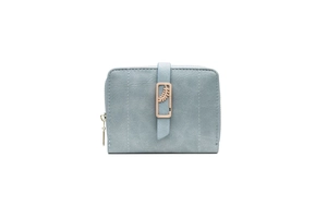 Detail of light blue short wallet featuring a rose gold leaf buckle and zipper compartment