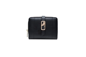 Detail of black faux leather wallet featuring a golden leaf buckle and side zipper closure