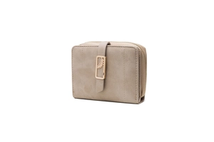 Close-up of short khaki wallet with matte finish and gold leaf-engraved metal buckle