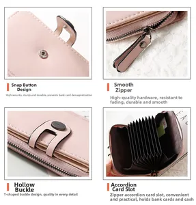 Detail of light pink PU leather wallet with snap closure and multi-card organ slots