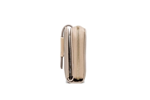 Detail view of khaki faux leather wallet with gold metal zipper and snap closure