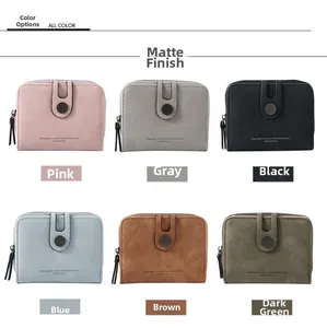 Detailed grid showing six colors of compact PU leather wallets with zipper and magnetic clasp