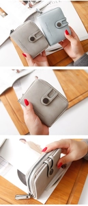 Detailed views of compact PU leather women's wallets in soft blue and grey colors