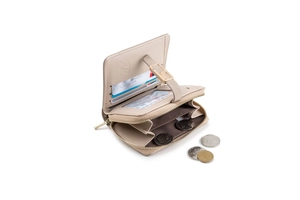 Detailed view of beige bi-fold wallet interior with card slots and metal zipper pocket