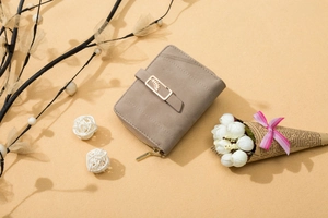 Detailed view of taupe frosted wallet with golden leaf clasp and zipper on warm background