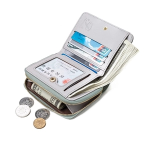 Detailed interior of a grey PU leather bi-fold wallet showing multiple card slots and zip pocket