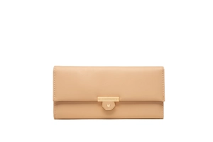 Close-up of matte beige leather long wallet featuring a gold heart snap fastener