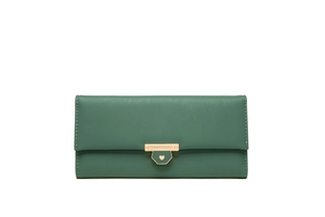 Detail of dark green leather wallet showing golden heart-shaped clasp with engraved logo
