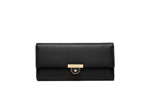 Detailed view of the gold heart-shaped metal lock on a black leather wallet