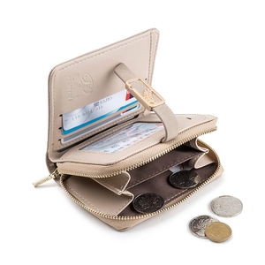 Short beige PU leather wallet for women with leaf pendant and multi-card slots