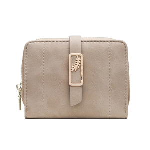 Short women's wallet in beige matte finish with leaf clasp and metal zipper detail