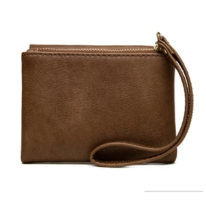 Short brown faux leather wallet for women with zipper closure and wrist strap