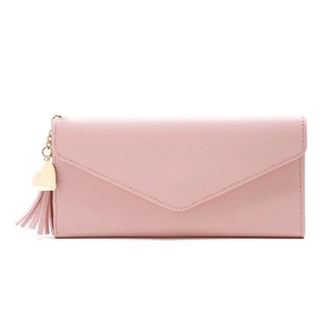 Pink PU leather long envelope wallet for women featuring a heart pendant and fringe tassel