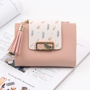 Short pink PU leather wallet with colorful leaf prints and a stylish tassel charm