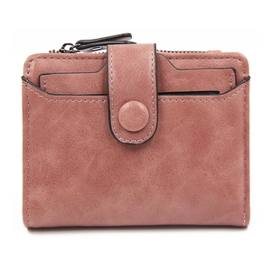 Pink PU leather short wallet with card slots, zipper pocket and snap button closure