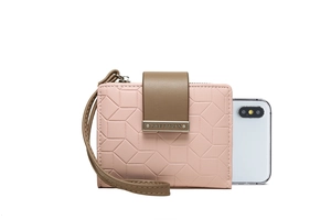 Short PU leather wallet with geometric texture shown next to a smartphone for size reference