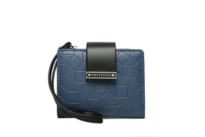 Detail of navy blue PU leather wallet featuring geometric embossed texture and hand strap
