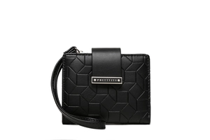 Close-up of black PU leather wallet featuring 3D geometric embossing and wristlet strap