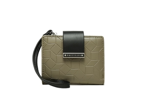 Detail view of olive green PU leather wallet featuring geometric texture and hand strap