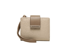 Detail of minimalist beige short wallet featuring 3D embossed texture and wristlet strap