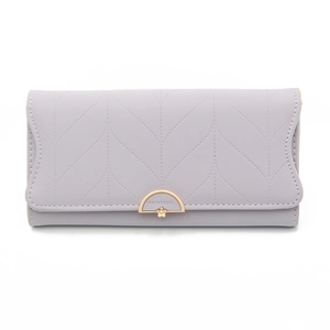 Detail of lavender PU leather long wallet featuring V-shaped stitching and gold hardware