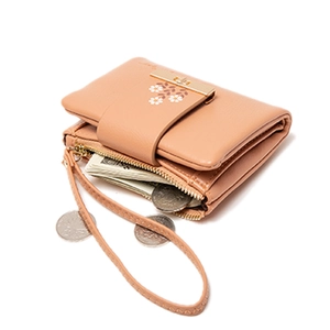 Women's short floral PU leather wallet with zipper pocket and wristlet strap