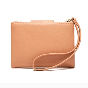 Minimalist apricot PU leather wallet with top zipper and wrist strap on white background