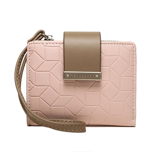 Women Short PU Leather Wallet Geometric Embossed Folding Coin Purse Wrist Strap Card Holder Simple Elegant Handbag