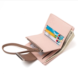 Pink matte leather bifold short wallet for women featuring multiple card slots and wrist strap