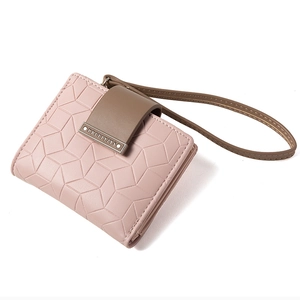 Pink PU leather short folding wallet with geometric texture and brown wristlet strap