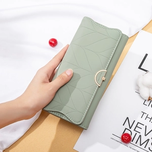 Women Long Wallet PU Leather Leaf Vein Pattern Clutch Bag Large Capacity Purse With Gold Buckle Fashion Handbag Card Holder