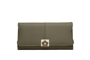 Close-up of olive green long wallet featuring scalloped edges and metal flower buckle