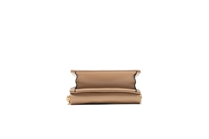 Detail view of the multi-layer folding structure and black edges of the beige PU leather bag
