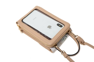 Detail view of the beige PU leather phone bag with a transparent PVC touch screen window