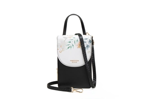 Detail of floral print flap and gold logo on a black and white touchscreen phone bag