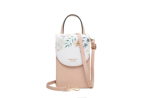 Detail showing the floral print flap and gold-tone metal hardware on the pink phone bag