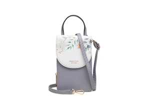 Vertical floral PU leather phone bag featuring a touch screen window and top handle
