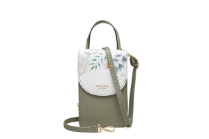 Detail of olive green touch screen phone bag with floral pattern and metallic magnetic buckle