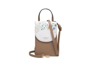 Detailed close-up of floral print flap and gold logo on leather touchscreen phone bag