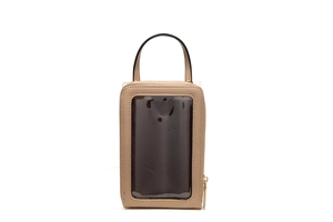 Detail of khaki PU leather phone bag featuring a large transparent touchscreen window