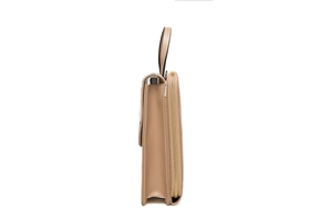 Side view of beige PU leather crossbody bag with dual compartments and golden zipper