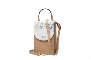 Detail of floral print PU leather phone bag featuring gold zipper and V-stitch strap