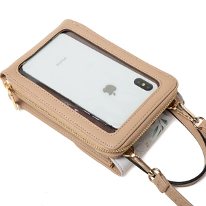 Beige PU leather touchscreen phone crossbody bag with floral print and gold zipper