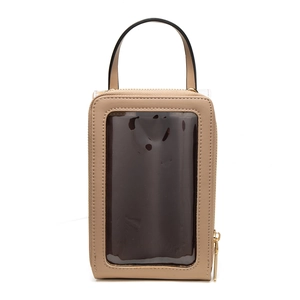 Detail of touchscreen window and gold zipper on brown faux leather phone crossbody bag