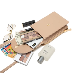 Light khaki crossbody phone bag with multiple compartments for cards and essentials