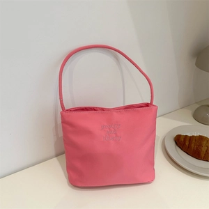 Women Nylon Hobo Shoulder Bag Minimalist Underarm Bucket Bag With Letter Embroidery Magnetic Snap Solid Color Daily Tote