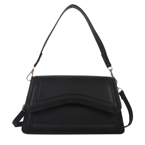 Minimalist black crossbody square bag with geometric flap and gold metal hardware