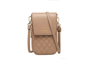 Close-up of diamond quilted stitching and gold buckle on a soft PU leather phone bag