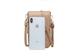 Detailed view of khaki quilted PU leather phone bag with gold hardware and phone for scale